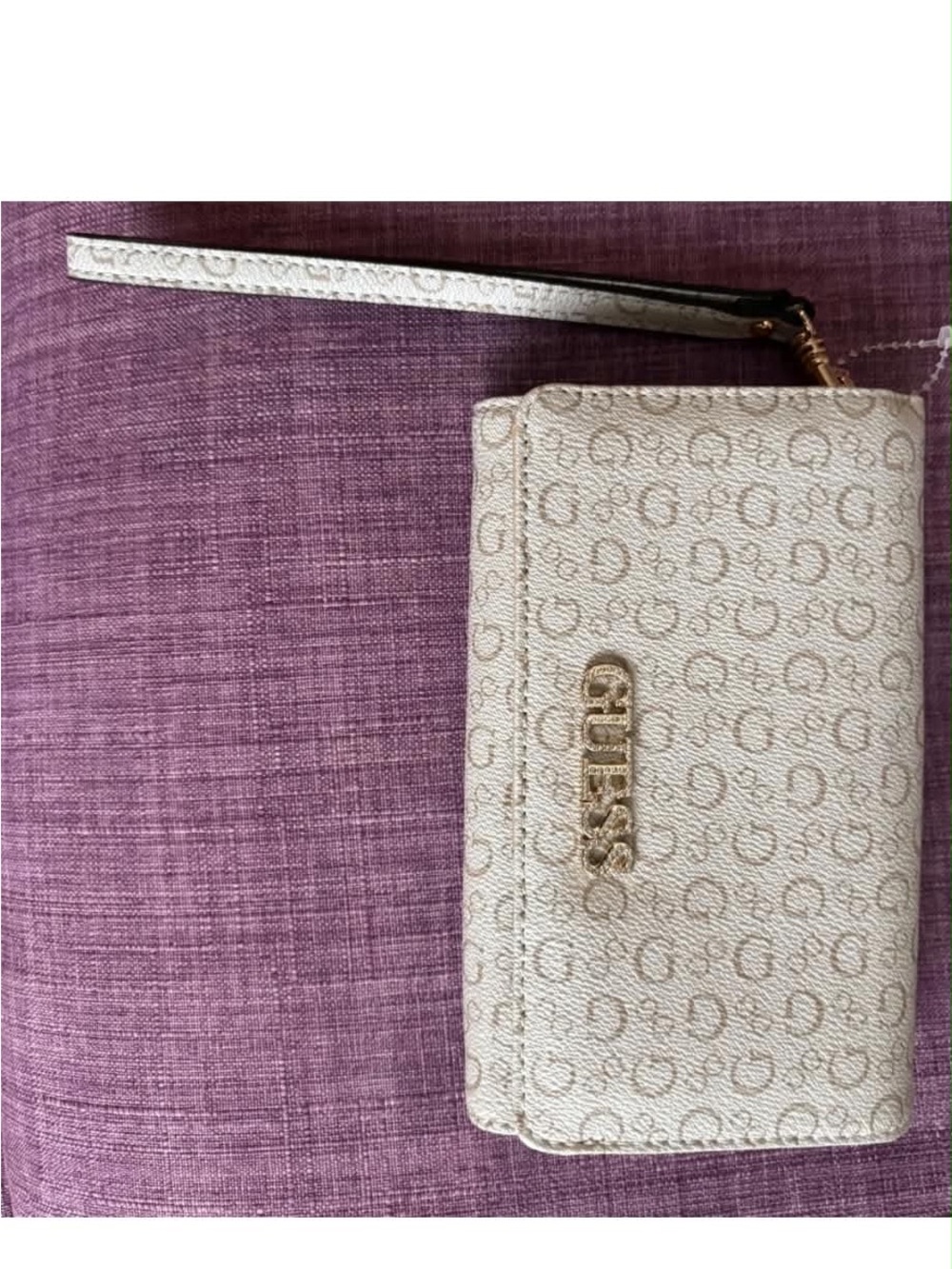 GUESS Cream Logo Print Wristlet with Gold Logo